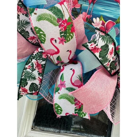 Pink Flamingo Deco Mesh Ribbon Tropical Spring & Summer Wreath Front Door Hanger - Picture 4 of 7